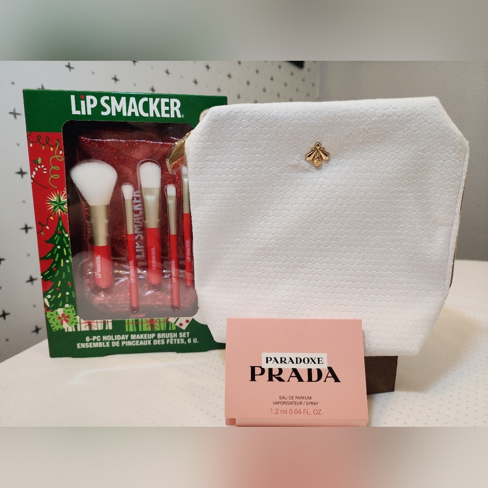 Guerlain White Cosmetic Bag with Lip Smacker Brush Sey